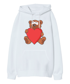 Ayıcık Ve Kalp Oversize Unisex Kapüşonlu Sweatshirt - Tisho