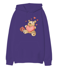 Ayıcık Ve Kalpler Oversize Unisex Kapüşonlu Sweatshirt - Tisho