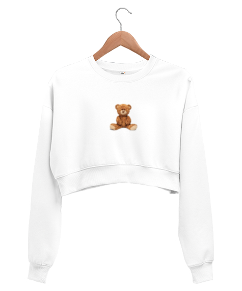 Tisho - Ayıcıklı Beyaz Kadın Crop Sweatshirt