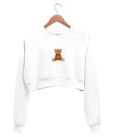 Ayıcıklı Beyaz Kadın Crop Sweatshirt - Tisho