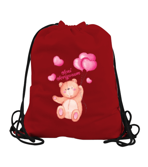 Tisho - Ayıcıklı ve yazılı sırt çantası Sevgililer günü için ideal Büzgülü Spor Çanta