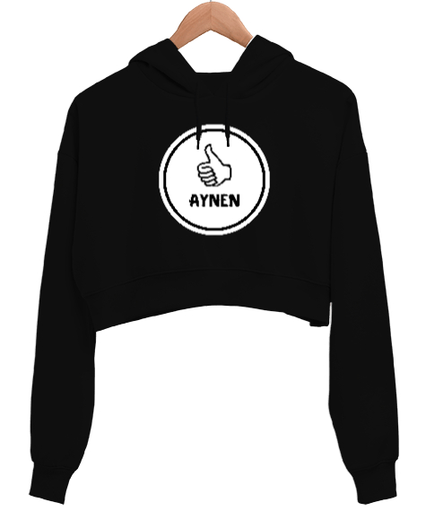 Tisho - Aynen Komik Esprili Siyah Kadın Crop Hoodie Kapüşonlu Sweatshirt