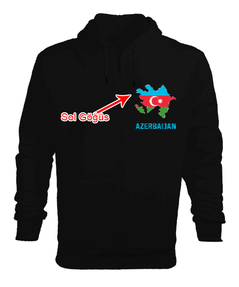 Tisho - Azerbaycan,Azerbaijan,Azerbaycan Bayrağı,Azerbaycan logosu. Erkek Kapşonlu Fermuarlı