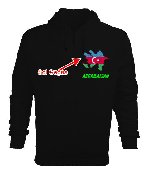 Tisho - Azerbaycan,Azerbaijan,Azerbaycan Bayrağı,Azerbaycan logosu. Siyah Erkek Kapşonlu Fermuarlı