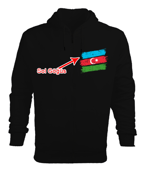 Tisho - Azerbaycan,Azerbaijan,Azerbaycan Bayrağı,Azerbaycan logosu. Siyah Erkek Kapşonlu Fermuarlı