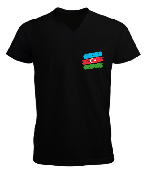 Tisho - Azerbaycan,Azerbaijan,Azerbaycan Bayrağı,Azerbaycan logosu. Siyah Erkek Kısa Kol V Yaka Tişört