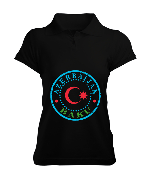 Azerbaycan,Azerbaijan,Azerbaycan Bayrağı,Azerbaycan logosu. Siyah Kadın Polo Yaka Tişört - Tisho