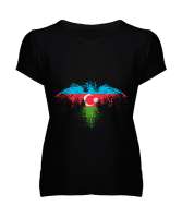 Azerbaycan,Azerbaijan,Azerbaycan Bayrağı,Azerbaycan logosu. Siyah Kadın V Yaka Tişört - Tisho