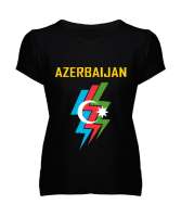 Azerbaycan,Azerbaijan,Azerbaycan Bayrağı,Azerbaycan logosu. Siyah Kadın V Yaka Tişört - Tisho