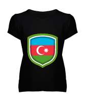 Azerbaycan,Azerbaijan,Azerbaycan Bayrağı,Azerbaycan logosu. Siyah Kadın V Yaka Tişört - Tisho