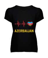 Azerbaycan,Azerbaijan,Azerbaycan Bayrağı,Azerbaycan logosu. Siyah Kadın V Yaka Tişört - Tisho