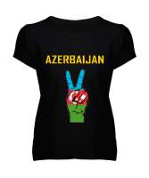 Azerbaycan,Azerbaijan,Azerbaycan Bayrağı,Azerbaycan logosu. Siyah Kadın V Yaka Tişört - Tisho
