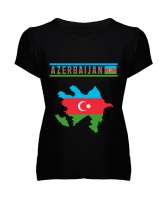 Azerbaycan,Azerbaijan,Azerbaycan Bayrağı,Azerbaycan logosu. Siyah Kadın V Yaka Tişört - Tisho