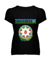 Azerbaycan,Azerbaijan,Azerbaycan Bayrağı,Azerbaycan logosu. Siyah Kadın V Yaka Tişört - Tisho