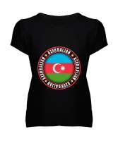 Azerbaycan,Azerbaijan,Azerbaycan Bayrağı,Azerbaycan logosu. Siyah Kadın V Yaka Tişört - Tisho