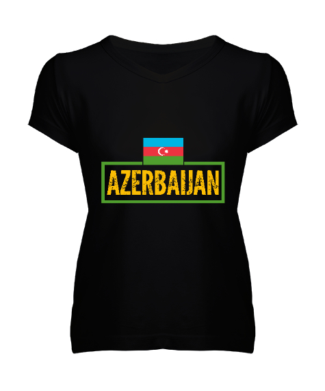 Tisho - Azerbaycan,Azerbaijan,Azerbaycan Bayrağı,Azerbaycan logosu. Siyah Kadın V Yaka Tişört
