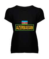 Azerbaycan,Azerbaijan,Azerbaycan Bayrağı,Azerbaycan logosu. Siyah Kadın V Yaka Tişört - Tisho