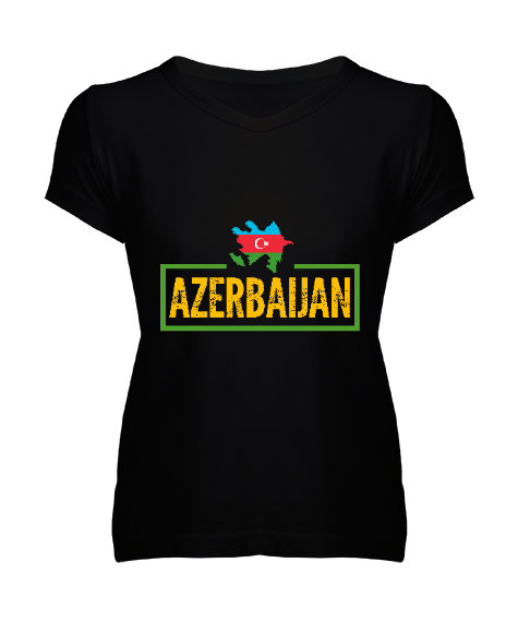 Tisho - Azerbaycan,Azerbaijan,Azerbaycan Bayrağı,Azerbaycan logosu. Siyah Kadın V Yaka Tişört