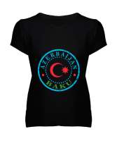 Azerbaycan,Azerbaijan,Azerbaycan Bayrağı,Azerbaycan logosu. Siyah Kadın V Yaka Tişört - Tisho