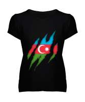 Azerbaycan,Azerbaijan,Azerbaycan Bayrağı,Azerbaycan logosu. Siyah Kadın V Yaka Tişört - Tisho