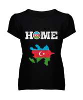 Azerbaycan,Azerbaijan,Azerbaycan Bayrağı,Azerbaycan logosu. Siyah Kadın V Yaka Tişört - Tisho