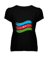 Azerbaycan,Azerbaijan,Azerbaycan Bayrağı,Azerbaycan logosu. Siyah Kadın V Yaka Tişört - Tisho