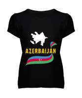Azerbaycan,Azerbaijan,Azerbaycan Bayrağı,Azerbaycan logosu. Siyah Kadın V Yaka Tişört - Tisho