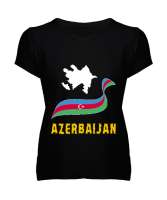 Azerbaycan,Azerbaijan,Azerbaycan Bayrağı,Azerbaycan logosu. Siyah Kadın V Yaka Tişört - Tisho