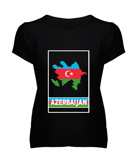 Azerbaycan,Azerbaijan,Azerbaycan Bayrağı,Azerbaycan logosu. Siyah Kadın V Yaka Tişört - Tisho