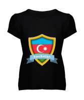 Azerbaycan,Azerbaijan,Azerbaycan Bayrağı,Azerbaycan logosu. Siyah Kadın V Yaka Tişört - Tisho