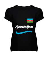 Azerbaycan,Azerbaijan,Azerbaycan Bayrağı,Azerbaycan logosu. Siyah Kadın V Yaka Tişört - Tisho