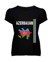 Azerbaycan,Azerbaijan,Azerbaycan Bayrağı,Azerbaycan logosu. Siyah Kadın V Yaka Tişört - Tisho