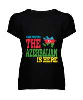 Azerbaycan,Azerbaijan,Azerbaycan Bayrağı,Azerbaycan logosu. Siyah Kadın V Yaka Tişört - Tisho