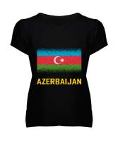 Azerbaycan,Azerbaijan,Azerbaycan Bayrağı,Azerbaycan logosu. Siyah Kadın V Yaka Tişört - Tisho