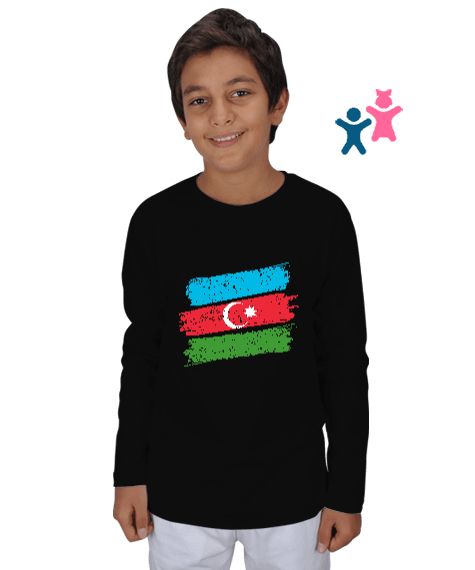 Tisho - Azerbaycan,Azerbaycan ve Türkiye,Azerbaycan Bayrağı,Türkiye Bayrağı. Çocuk Unisex Uzunkollu