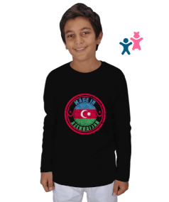 Azerbaycan,Azerbaycan ve Türkiye,Azerbaycan Bayrağı,Türkiye Bayrağı. Çocuk Unisex Uzunkollu - Tisho