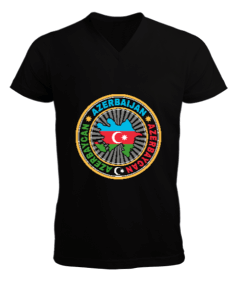 Tisho - Azerbaycan,Azerbaycan ve Türkiye,Azerbaycan Bayrağı,Türkiye Bayrağı. Erkek Kısa Kol V Yaka Tişört