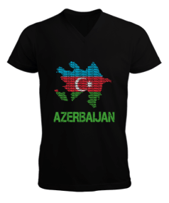 Azerbaycan,Azerbaycan ve Türkiye,Azerbaycan Bayrağı,Türkiye Bayrağı. Erkek Kısa Kol V Yaka Tişört - Tisho
