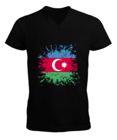 Azerbaycan,Azerbaycan ve Türkiye,Azerbaycan Bayrağı,Türkiye Bayrağı. Erkek Kısa Kol V Yaka Tişört - Tisho