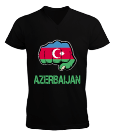 Azerbaycan,Azerbaycan ve Türkiye,Azerbaycan Bayrağı,Türkiye Bayrağı. Erkek Kısa Kol V Yaka Tişört - Tisho