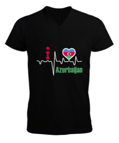 Azerbaycan,Azerbaycan ve Türkiye,Azerbaycan Bayrağı,Türkiye Bayrağı. Erkek Kısa Kol V Yaka Tişört - Tisho