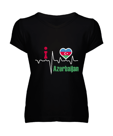 Azerbaycan,Azerbaycan ve Türkiye,Azerbaycan Bayrağı,Türkiye Bayrağı. Kadın V Yaka Tişört - Tisho