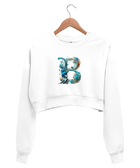 Tisho - B harfi Beyaz Kadın Crop Sweatshirt