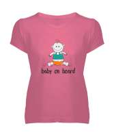 Baby On Board - Bebek Ruhlu Pembe Kadın V Yaka Tişört - Tisho