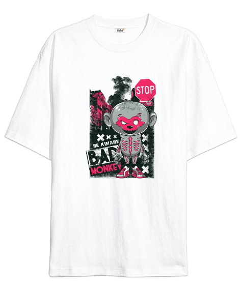 Tisho - Bad Monkey Baskılı Beyaz Oversize Unisex Tişört