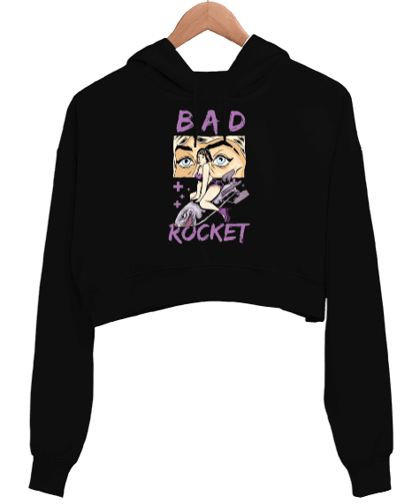 Tisho - Bad Rocket Tasarım Baskılı Kadın Crop Hoodie Kapüşonlu Sweatshirt