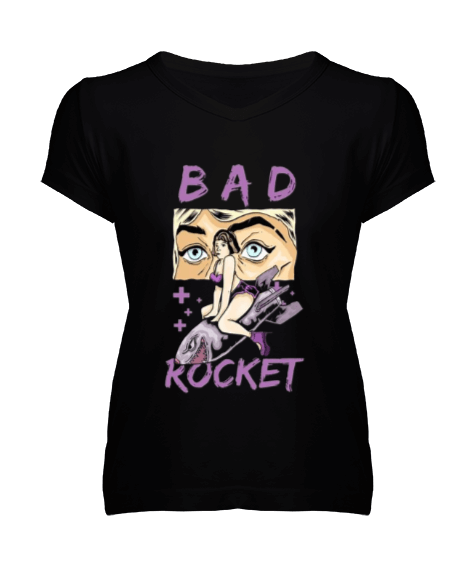 Tisho - Bad Rocket Tasarım Baskılı Kadın V Yaka Tişört