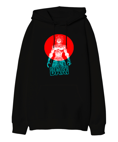 Tisho - Baki Anime Tasarım Baskılı Siyah Oversize Unisex Kapüşonlu Sweatshirt