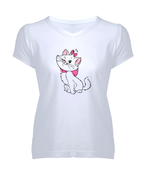 Tisho - Bakımlı Sevimli Kedi - Sweet Cat Beyaz Kadın V Yaka Tişört