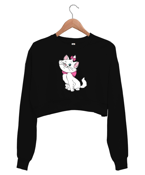Tisho - Bakımlı Sevimli Kedi - Sweet Cat Siyah Kadın Crop Sweatshirt